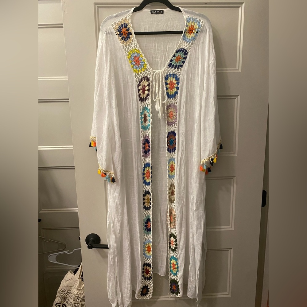 White crochet colorful granny square kimono~one size fits most